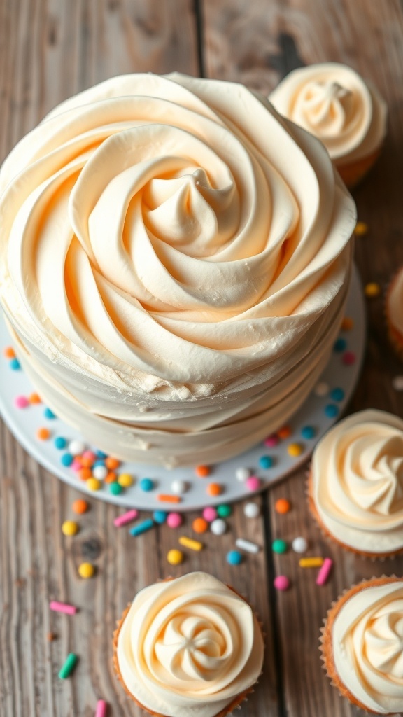 A cake with buttercream frosting decorated with sprinkles on a wooden table.